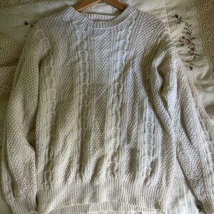 white crochet sweater